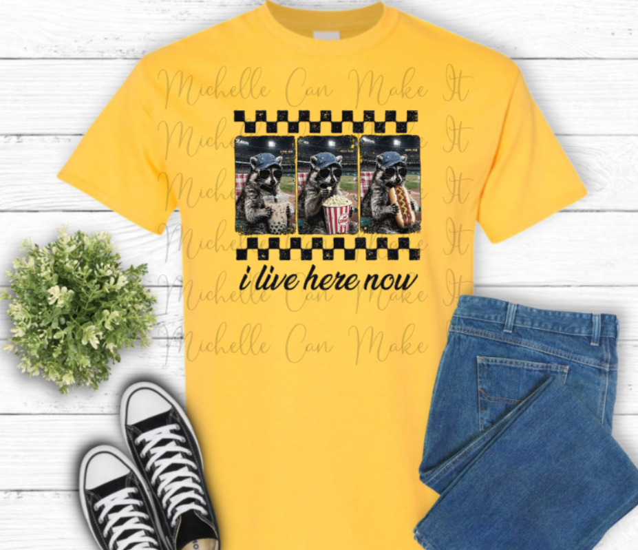 I live here now baseball t-shirt
