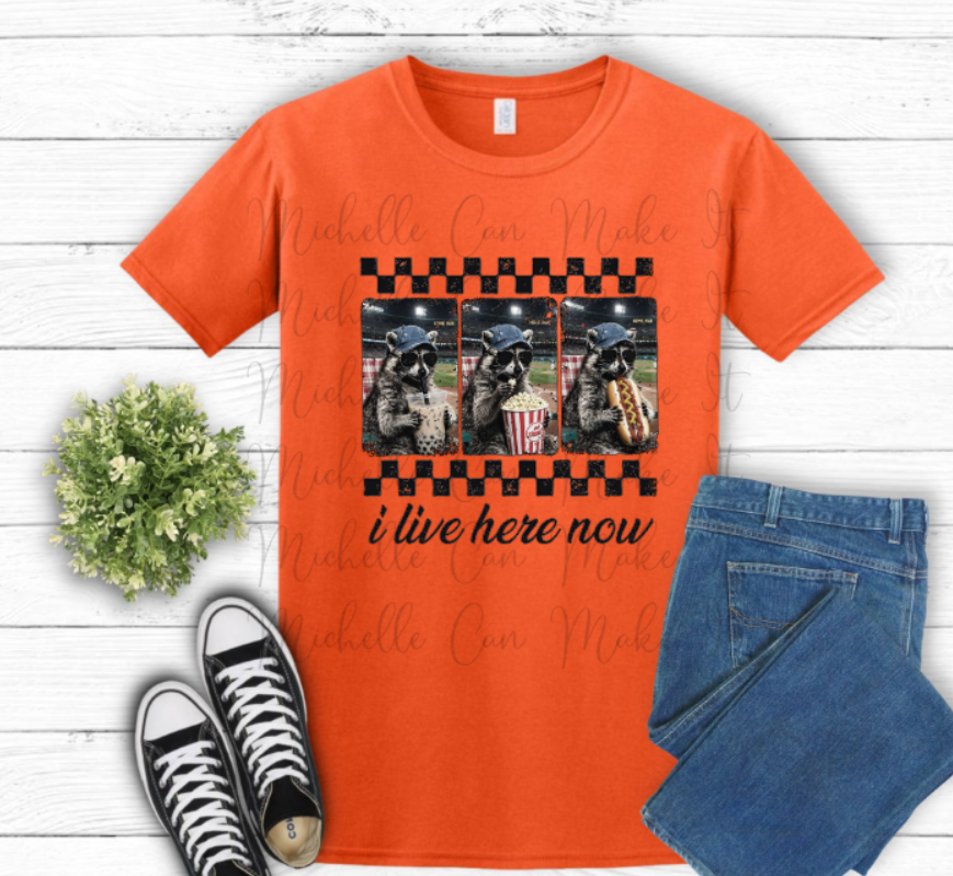 I live here now baseball t-shirt