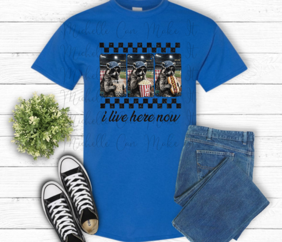 I live here now baseball t-shirt