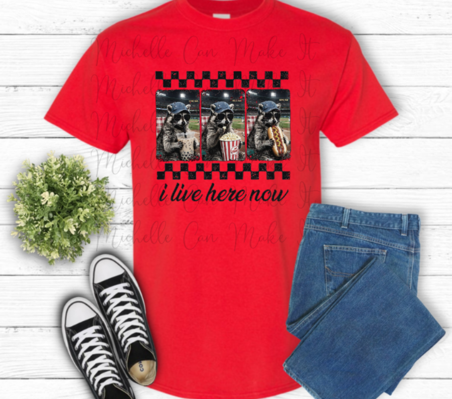 I live here now baseball t-shirt