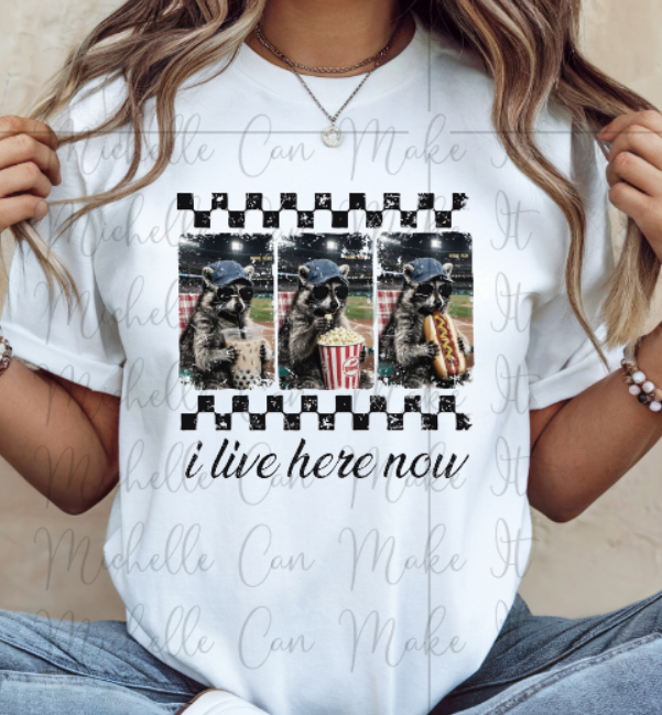 I live here now baseball t-shirt